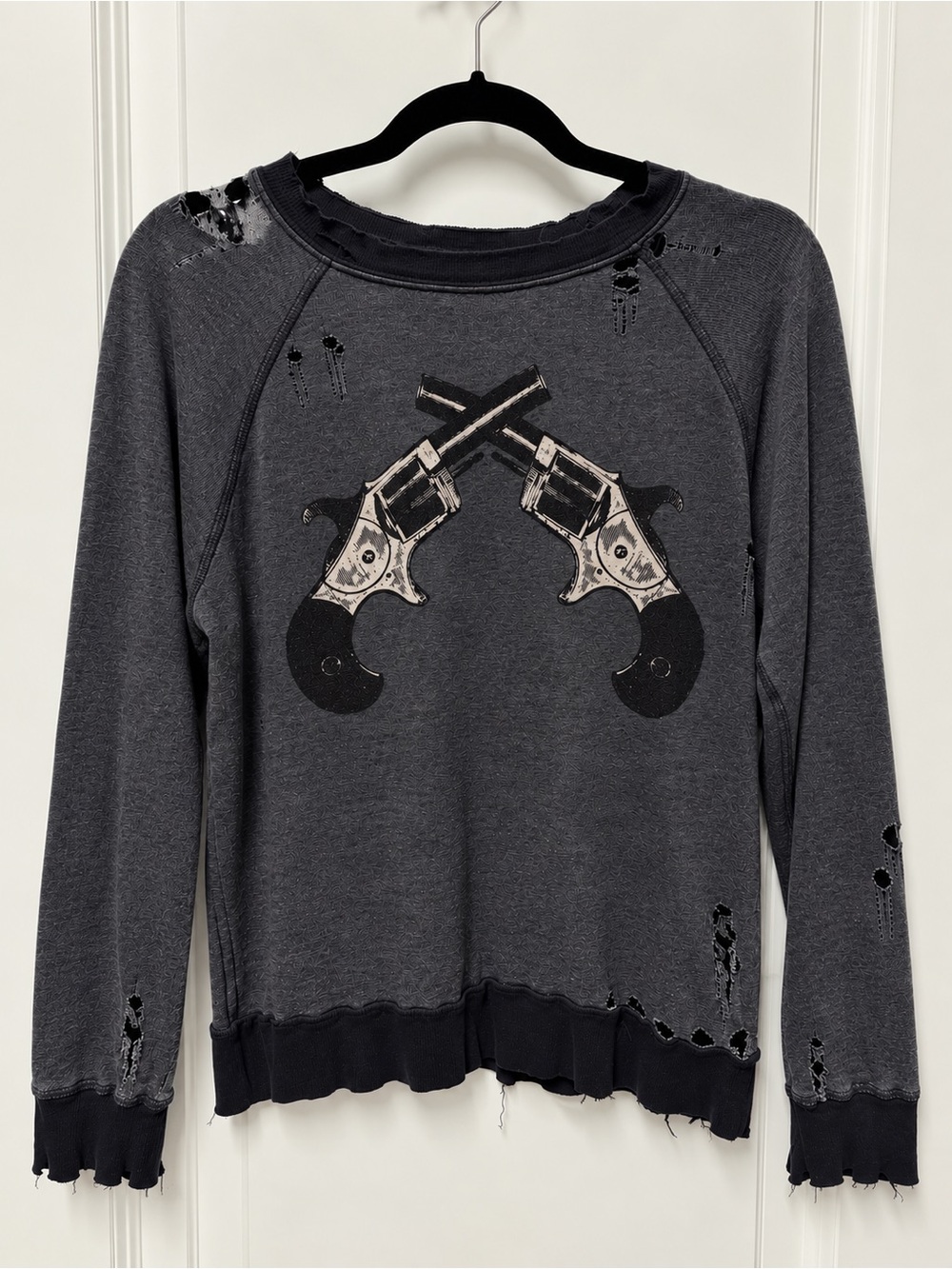 Wildfox Distressed Grey Graphic Sweatshirt with Crossed Pistols. Size M